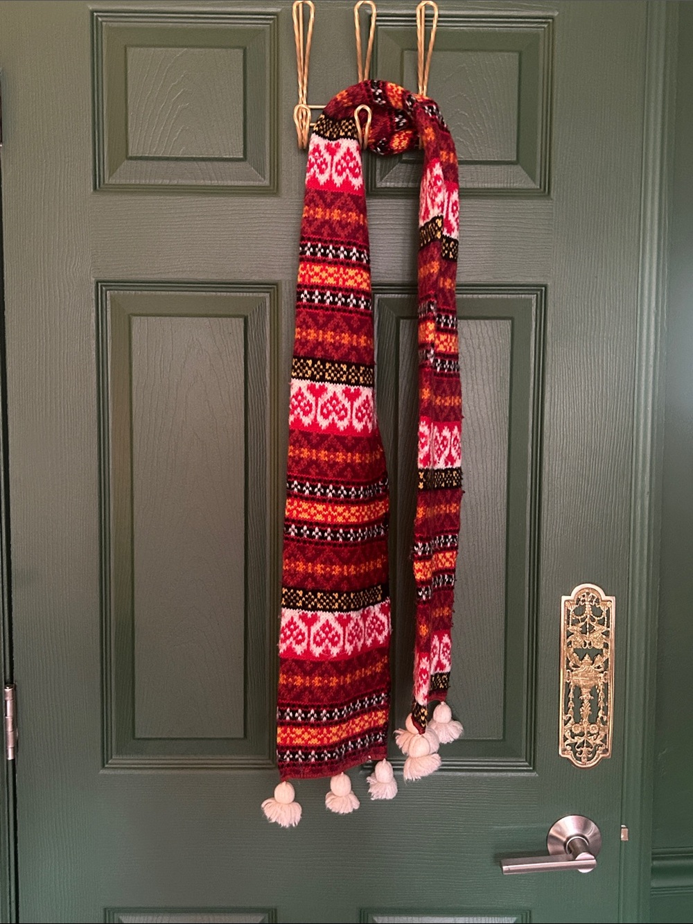 Women's Fair Isle Knit Scarf with Pom Pom Tassels - Red Multi